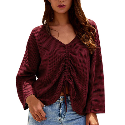 

V-Neck Lady Fashion Sweater Pullover Women Long Sleeve Autumn Sexy Drawstring Sweaters Solid Color Loose Jumper Clothes