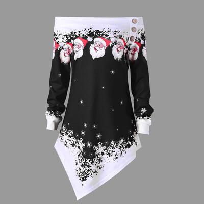 

Nomeni Women Christmas Santa Snowflake Printed Tops Off Shoulder Asymmetric Sweatshirt