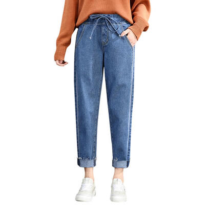

Casual High Waist Jeans Women Elastic Denim Pants Loose Lace Up Trousers