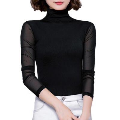 

Women High Neck Mesh Tops Solid Slim Sexy Thin Perspective Basic T-shirts