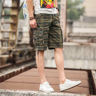 

SQSI summer mens shorts mens pants overalls five points breeches loose khaki lattice 4948