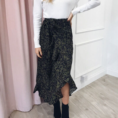 

Women Leopard Print Wrap Over Aysmmetric Loose Skirt High Waist Midi Dress