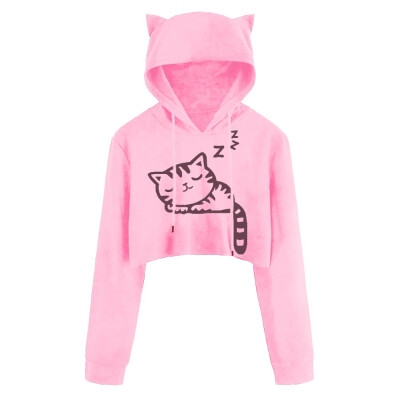 

Nomeni Women Sexy Casual Long Sleeve Cat Kitty Print Short Hoodies Blouse Top Pullover