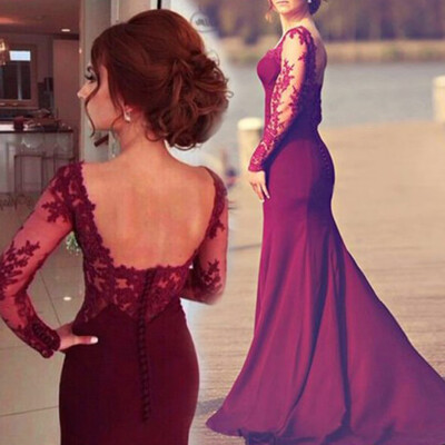 

Tailored Women Ladies Formal Evening Party Ball Gown Prom Lace Long Sleeve Dress