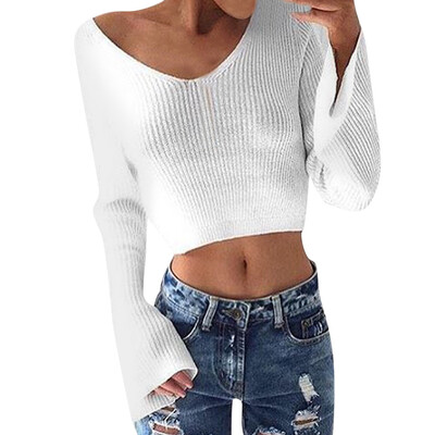 

〖Follure〗Women White V-neck Long Sleeve Knitting Crop Top Knitwear Blouse Sweater Tops