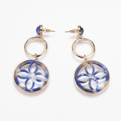 

Iron Dangle Stud Earrings with Acrylic&Gemstone Beads Flat Round Blue 70mm Pin 07mm