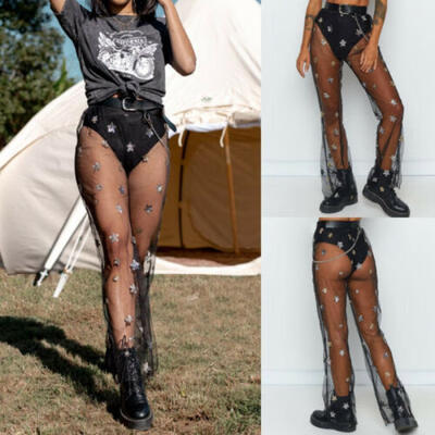 

US Women Sheer Mesh Bikini Pants Cover Up High Waist Long Pants Swimwear Beach