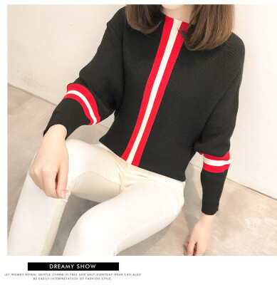 

2018 autumn&winter new Korean version vertical bar color stripe loose show thin sweater female bat sleeve knitted sweater