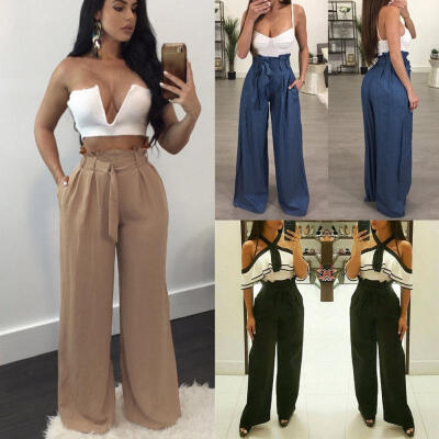 

2018 Women High Waist Palazzo Denim Look Wide Leg Long Pants Culottes Trouser