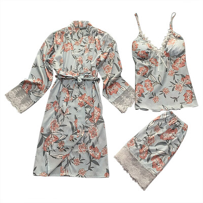 

Toponeto Women Sexy Satin Fashion Print Lace Bow Sleepwear Pajamas Sets 3 Pieces