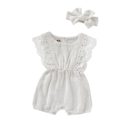 

Summer Baby Girl Rompers Newborn Baby Clothes Toddler Flare Sleeve Solid Lace Design Romper Jumpsuit with Headband One-Pieces