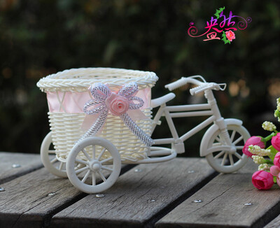 

Home decoration simulation rattan weaving small three wheeled bicycle wagon plastic cart flower pot flower basket decoration
