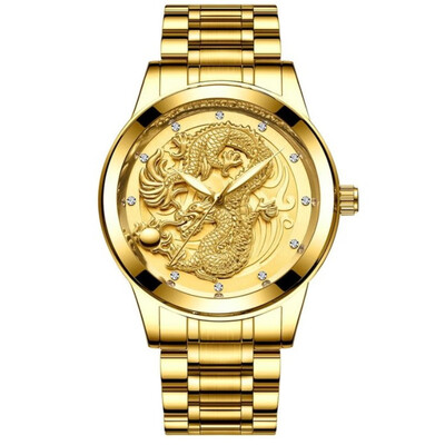

Top Brand Luxury golden watches men Dragon dial stainless steel fashion diamonds wrist watch male quartz clock relogio masculino