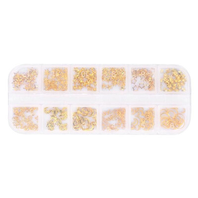 

12 Grid Nail Art Gold Metal Alloy Moon Star Mixed Style DIY Rivet Studs
