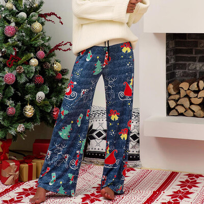

Christmas Print Winter Mid Waist Wide Leg Pants Loose Frenulum Casual Lady Trousers