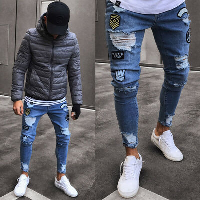 

US STOCK Men Stretchy Ripped Skinny Jeans Destroyed Jeans Slim Fit Denim Pants