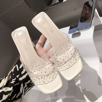 

Slippers for women wear stylish Joker summer high-heeled sandals with thick transparent crystal&womens shoes