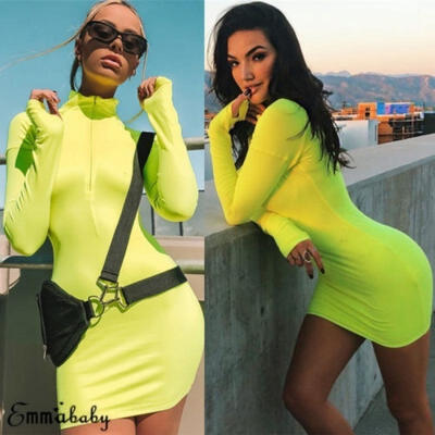 

Women Sexy Zip Front V-Neck Bodycon Dress Long Sleeve Solid Color Short Mini Dress