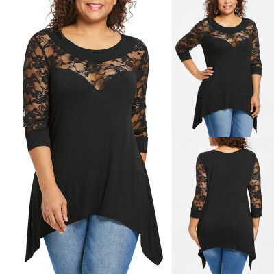 

Roseonmyhand Fashion Womens Plus Size Lace Three Quarter Sleeve Tops Blouse O-Neck T-Shirts