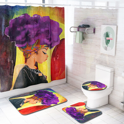 

Gobestart African Explosion Head Woman Waterproof Shower Curtain Bathroom Mat Four-piece