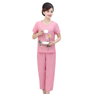 

Women Printed Cotton Linen Loose Point Short-Sleeved Shirt Wide Leg Casual Two-Piece