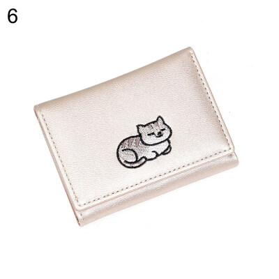 

Cartoon Cat Embroidery Tri-fold Purse Card Cash Holder Women Faux Leather Wallet