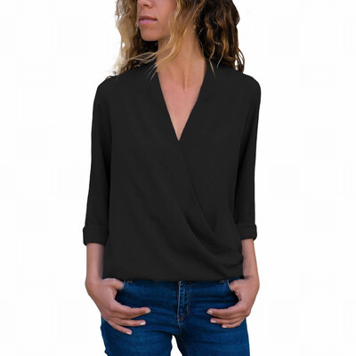

Womens solid color V-neck long-sleeved casual simple blouse top