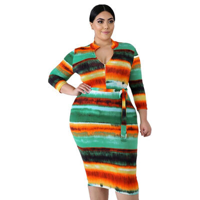

Sexy Printing Large Size Bodycon Dress High Waist Women V-neck Slim Dresses
