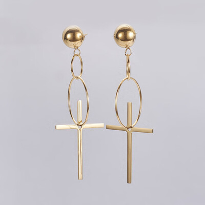 

304 Stainless Steel Dangle Stud Earrings Cross Golden 76mm Pin 08mm