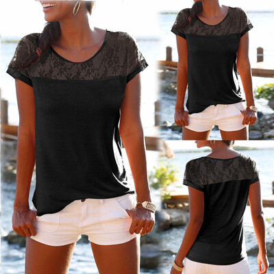 

Nomeni Womens Bohemian Short Sleeve O Neck Lace Patchwork Slim Fit Tee Shirt Top Blouse