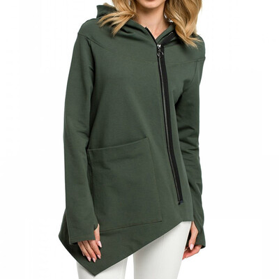 

New Autumn And Winter Women Casual Hoodies Zipper Irregular Hem Long Hooded Sweatshirt Pocket Tops