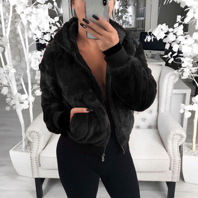 

Women Winter Warm Short Coat Thick Zipper Hooded Solid Color Casual Outwear