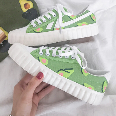 

Rural wind avocado hand-painted shoes female ulzzang board shoes matcha tea green Joker student net red explosive canvas shoes