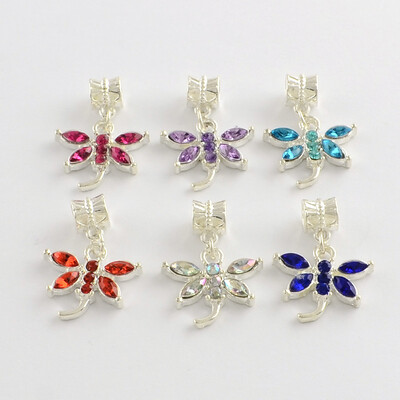 

Alloy Rhinestone Dragonfly European Dangle Beads Silver Mixed Color 28mm Hole 45mm