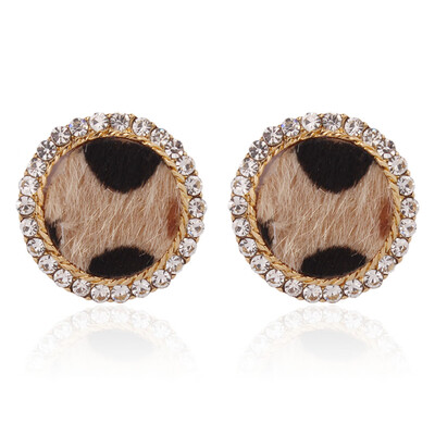 

Leopard Print Cloth Rhinestone Stud Earrings with Alloy Findings&925 Sterling Silver Pin Flat Round Tan 22mm