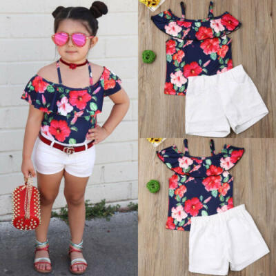 

Toddler Baby Kids Girl Off shoulder Rose Printed TopWhite Shorts Outfit Clothes