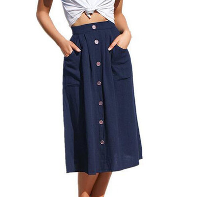 

Womens Button Front Midi Skirt Ladies High Waist Casual Solid Color Sun Dress