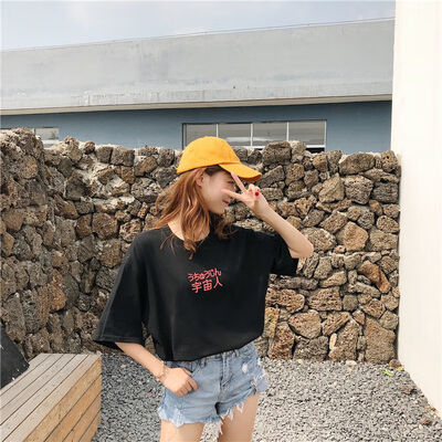 

Korean student word Print top T-shirt Ordinary person etc Casual girlfriends with short-sleeved T-shirt female