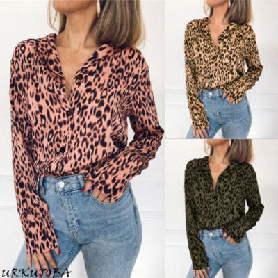 

Women Long Sleeve Vneck Leopard Print Loose Tops OL Ladies Casual Button Blouse