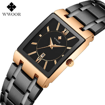 

WWOOR Men Fashion Rectangular Dial Analog Quartz Watch Business Waterproof Calendar Stainless Steel Band Wrist Watch