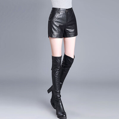 

Her pool womens 2018 autumn&winter new short paragraph leather pants leggings high waist large size outside wearing ladies pants T83H1948A10L black