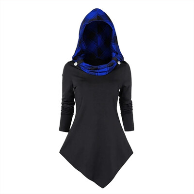 

Tailored Womens Long Sleeve Checked Panel Hooded Cloak Tunic Asymmetric Casual Tops