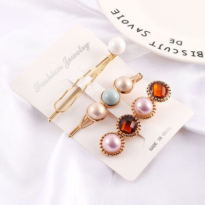 

3pcs KoreaWomen Metal Hairpins Imitation Pearl Colorful Beads Hair Clips Irregular Geometric Hair Styling Accessories