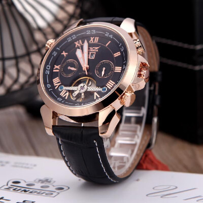 

Jaragar Fashion Mens Semi Automatic Mechanical Wrist Sport Watch Leather Band Roman & Arabic Numerals Date Day Week Display Rose