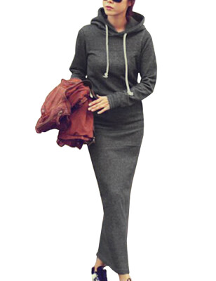 

New Women Fleece Autumn Winter Slim Pocket Hoodie Bodycon Sweater Long Maxi Dress Plus Size