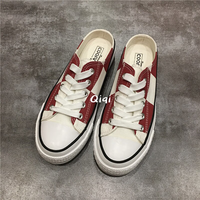 

Plaid canvas shoes female students Korean version of half slippers without rear heels children 2019 trendy shoes in summe