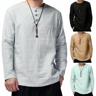 

UK Mens Long Sleeve Henley Shirt Casual Cotton Linen T-shirt Loose Retro Tops
