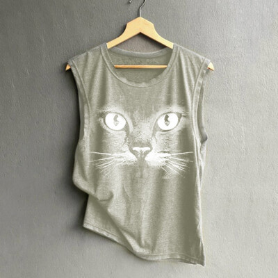 

Nomeni Fashion Womens O-Neck Cat Printing Sleeveless Vest Blouse Loose Shirt Tops