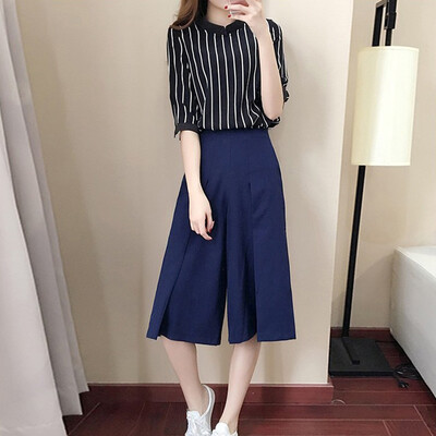 

Women Casual Striped Half Sleeve Round Neck Loose Shirts Wide Leg Tops Pants Set
