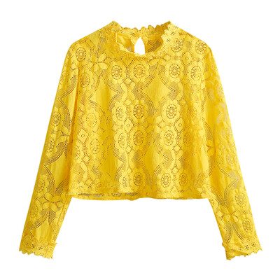 

Women Cover Up See Through Floral Lace Hollow Out High Neckline Long Sleeve Sexy Beach Blouse